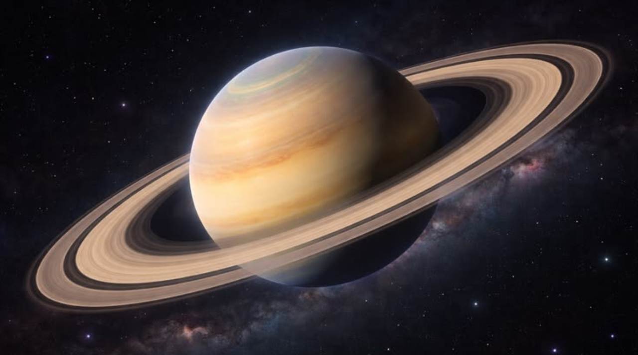planet Saturnus dengan cincin besar di tata surya