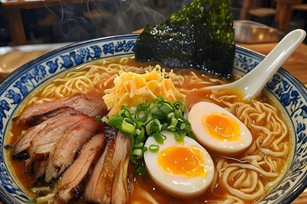 sajian ramen lengkap dengan topping telur dan daun bawang